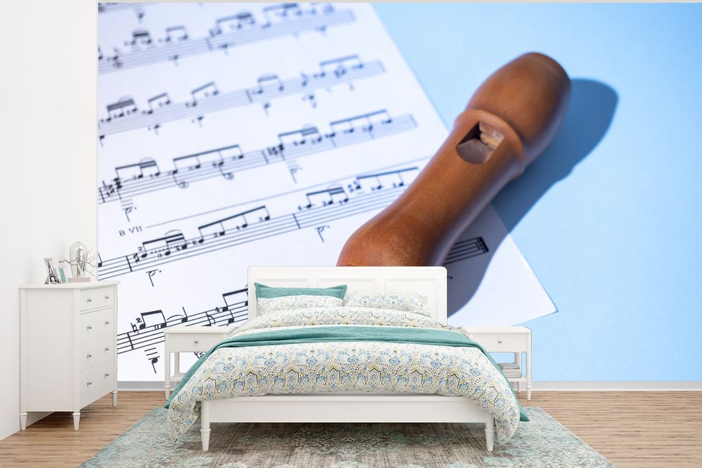 MuchoWow Fototapete für Wohnzimmer oder Schlafzimmer Wandtapete Vinyl Motivtapete Braune Blockflöte auf Notenpapier - 375x280 cm - Schlafzimmer...