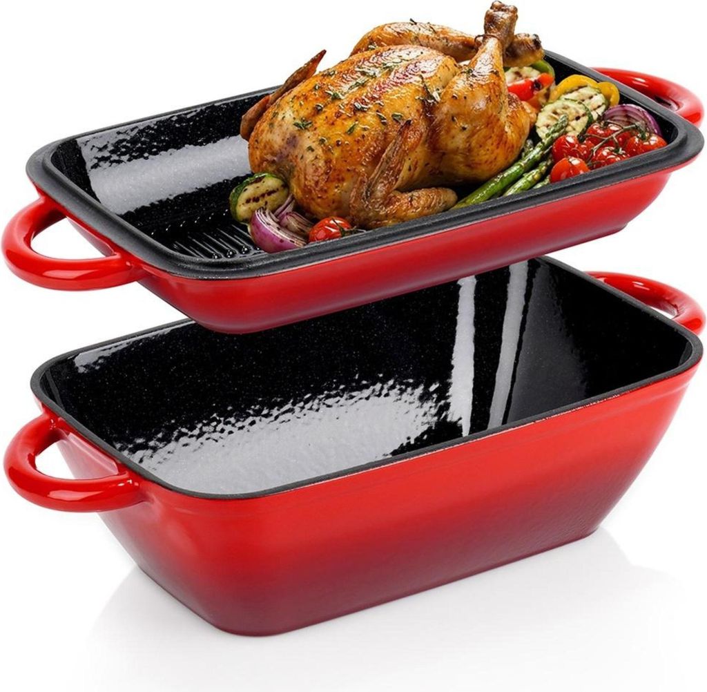 Vilde | Bratpfanne - Emaillierter Bräter mit Deckel - 2in1 - 39x26,5x18 cm - 3,5+1,5 l - Spülmaschinenfest - Rot - CAST ENAMEL