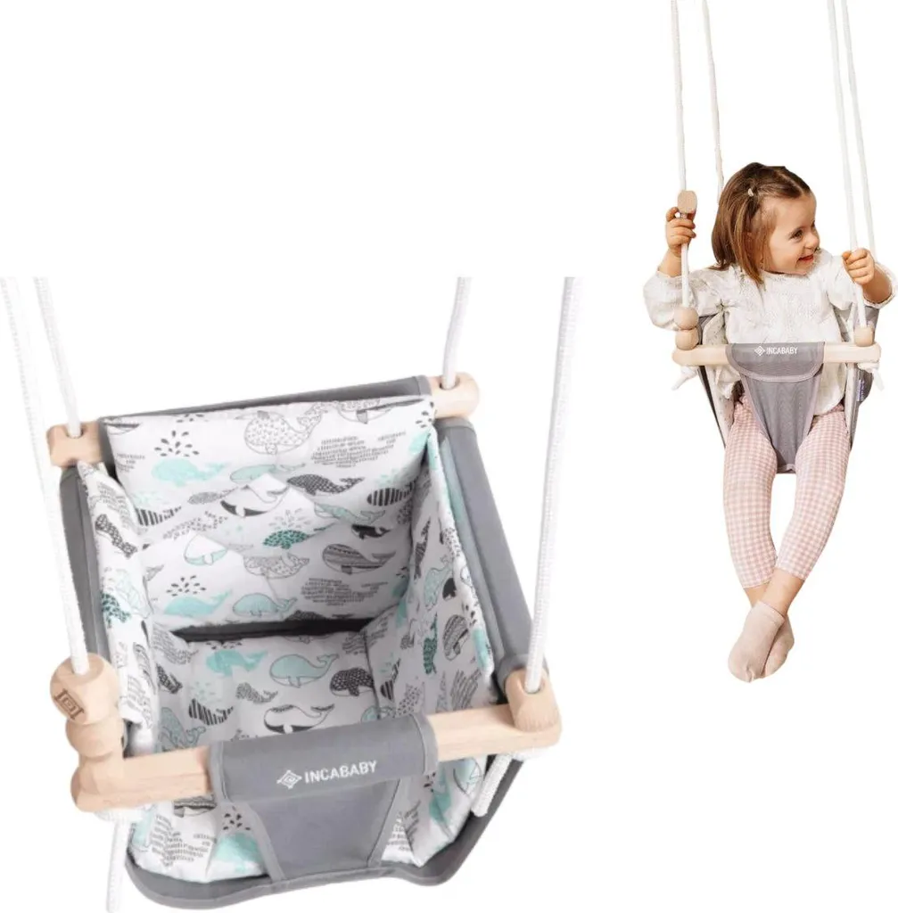 Altalena in Tessuto e Legno Junior | Grigio Balena con Cuscino Soft