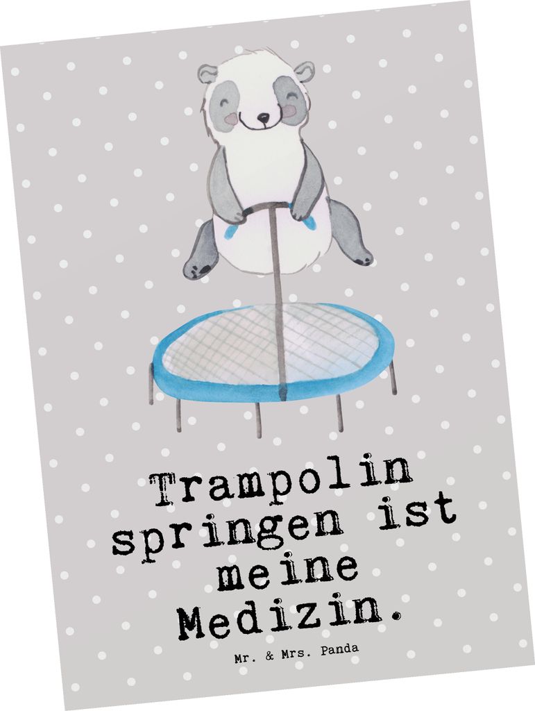 Mr. & Mrs. Panda Grußkarte Panda Trampolin springen - Grau Pastell - Geschenk, Fitnessstudio, Kunstkarten, Trampolin-Workout, Ansichtskarte, Ansic...