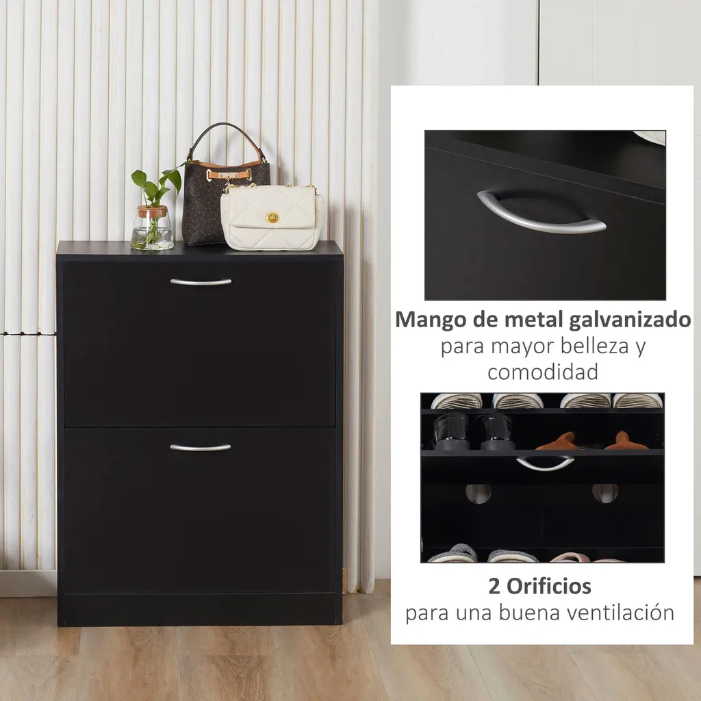 Meuble à chaussures noir avec 2 tiroirs - 60×24×80 cm - Design moderne - 6