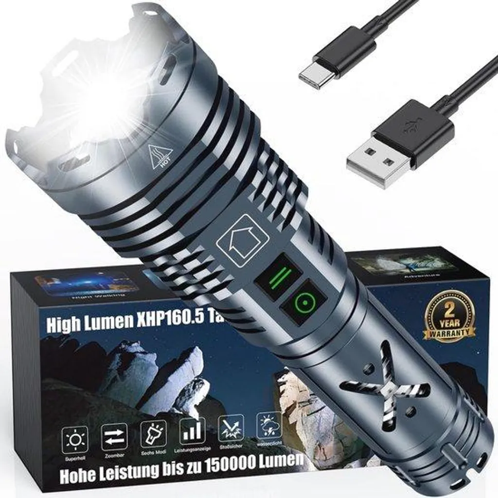 Lampe de poche LED rechargeable USB 150000 lm étanche IP67 pour extérieur
