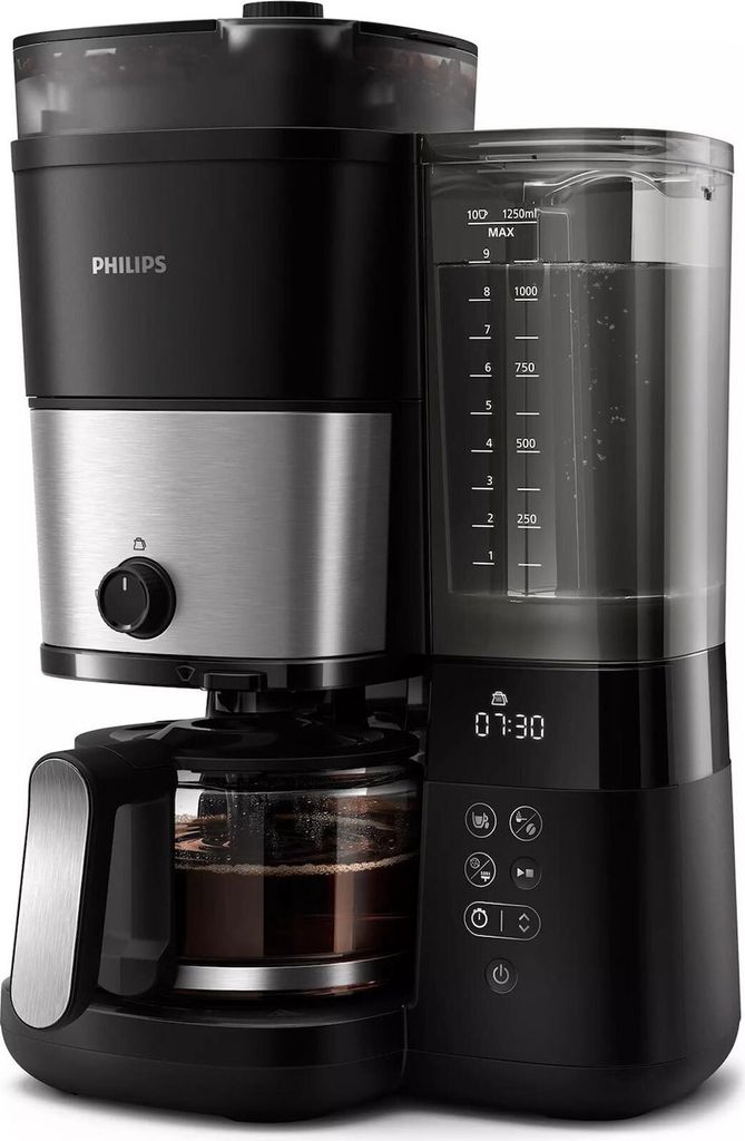 A black and silver Philips coffee maker with a glass carafe is shown against a white background.