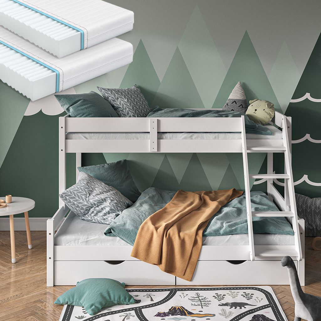 Etagenbett Vitalispa Everest Weiß 140x200 / 90x200 cm mit 2 Matratzen und 2 Schubkästen, Model 39560