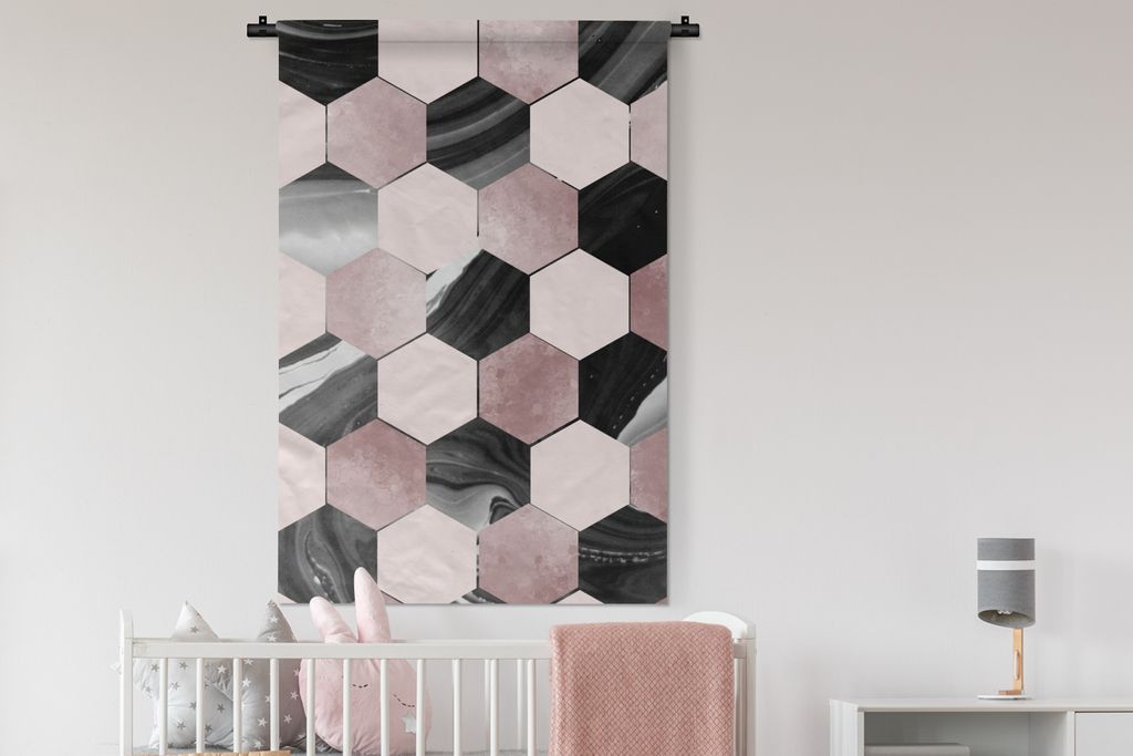 MuchoWow Wandteppich Wandbehang Marmor - Schwarz - Rosa 90x135 cm Tapisserie Dekoration Wandtuch - Baumwolle - Wandskulptur