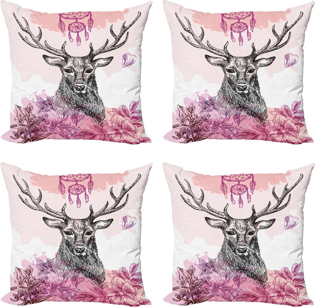ABAKUHAUS Hirsch Kissenbezug Set (4 Stück), Blumen-Blätter Hand gezeichnet, Moderner Doppelseitiger Digitaldruck, 50 cm x 50 cm, schwarz Fuchsia