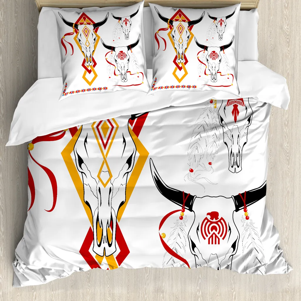 ABAKUHAUS Copripiumino con tatuaggio, testa di toro con piuma, antiacaro, adatto a chi soffre di allergie, con federe, 200 cm x 200 cm - 80 x 80 cm, rosso, giallo e bianco