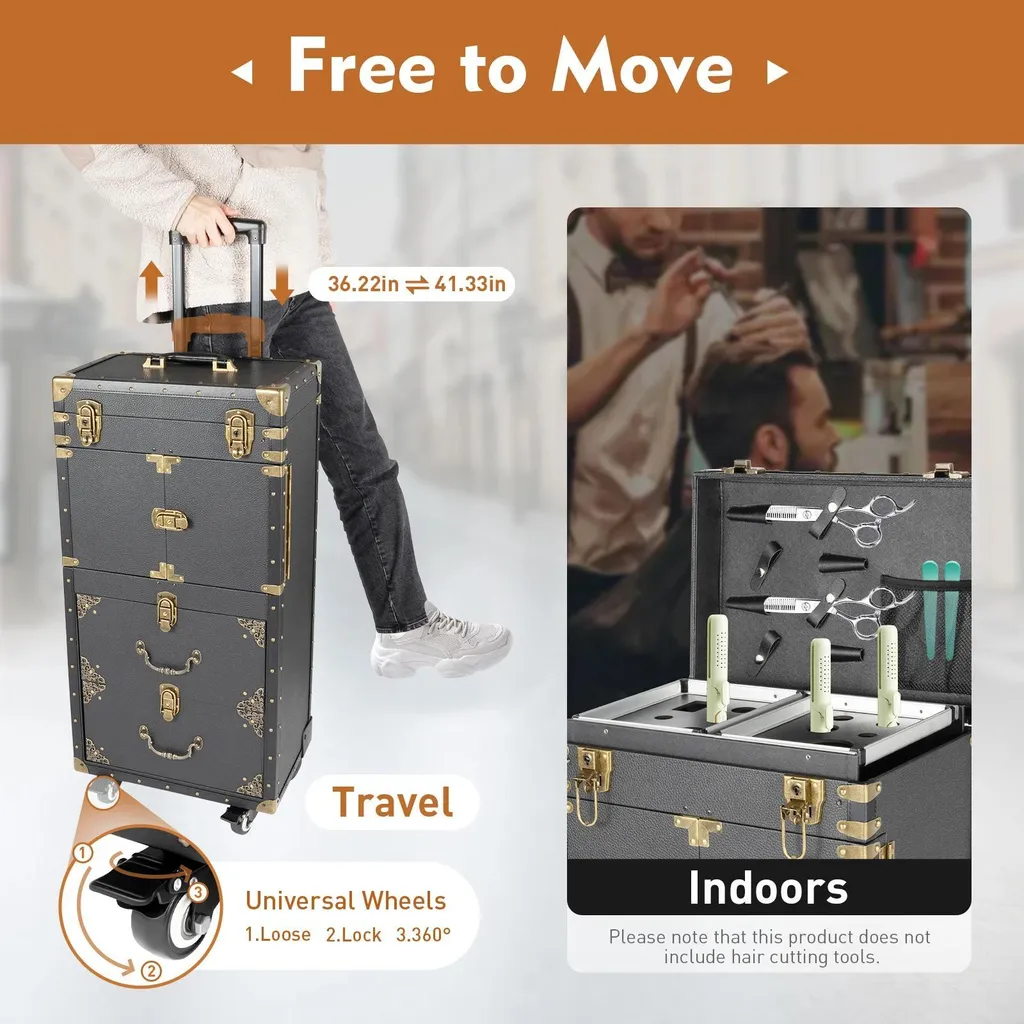 Chariot de coiffeur professionnel mobile avec support sèche-cheveux