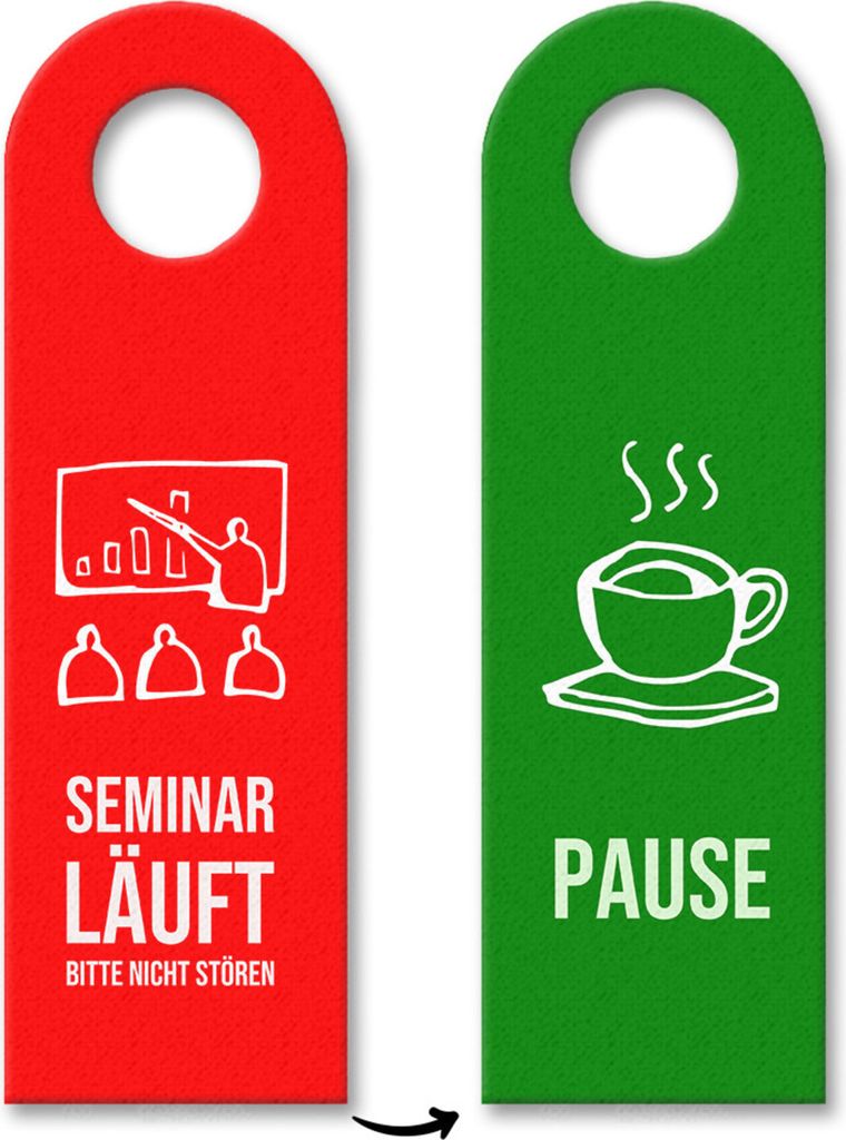 Seminar läuft - Bitte nicht stören Türhänger mit Pause auf der Rückseite