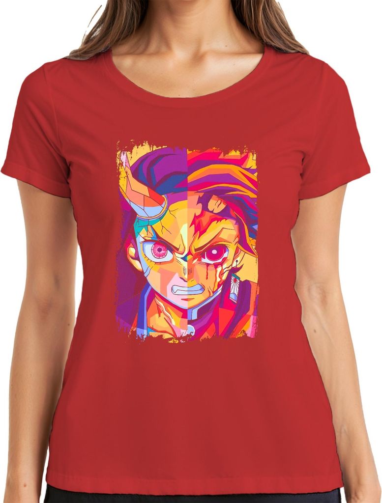 Dämonenjäger Anime Hanafuda Ohr blutiges geteiltes Gesicht Japan Y2K Streetwear Damen T-Shirt, Rot, XL