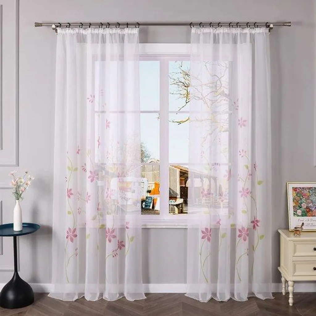 Rideau de voile à fleurs imprimé floral rose 150x225 cm - Lot de 1