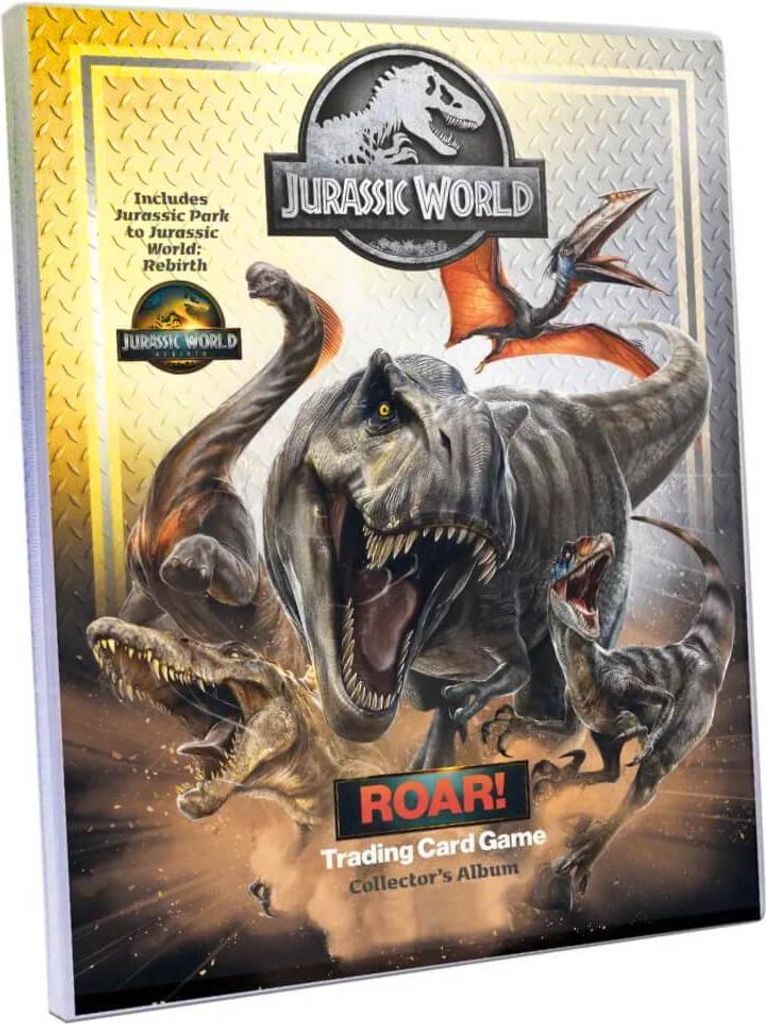 A collector's album for Jurassic World trading cards, featuring various dinosaurs.