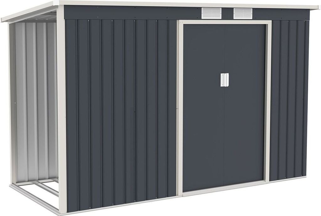 Juskys Metall Gerätehaus M mit Holzunterstand links, Schiebetür, Lüftungsgitter, Fundament - Geräteschuppen Gartenhaus Metallgerätehaus Holzregal