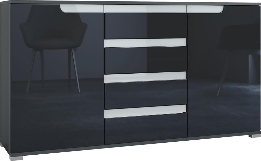 Vladon Sideboard Sylt V1, Kommode mit 2 Türen und 4 Schubladen, Korpus - Anthrazit matt / Front - Schwarz Hochglanz / Absetzung - Weiß Hochglanz ...