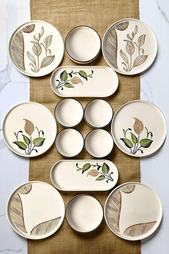 Hermia Concept, Frühstücksset (14 Teile) aus 100% Keramik, braun und grün | 6 Teller (19 x 19 cm), 2 Platten (25 x 11 x 3,5 cm), 4 Marmeladensch...
