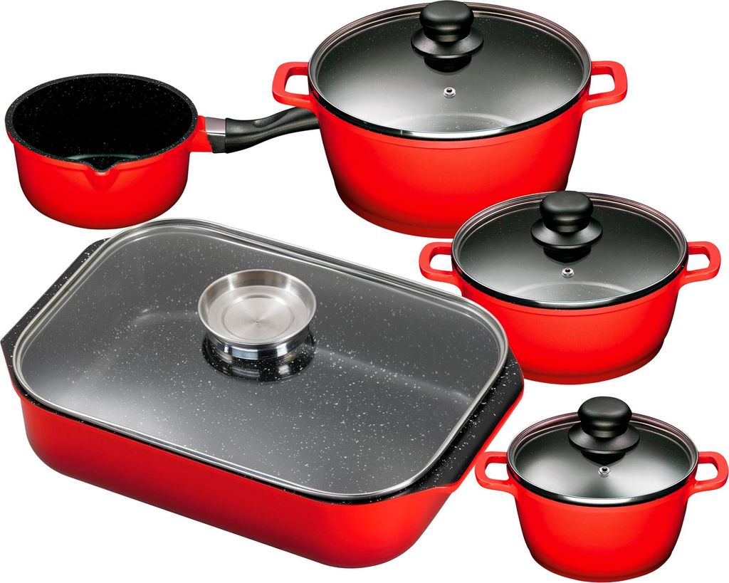 5tlg. KING Vorteilsset ROT: 4tlg. Kochtopfset Aluguss Rot, 3xKochtöpfe in Ø16,Ø20,Ø24cm, 1xStieltopf Ø16cm + 40x26cm Bräter Aluguss, mit Glas...