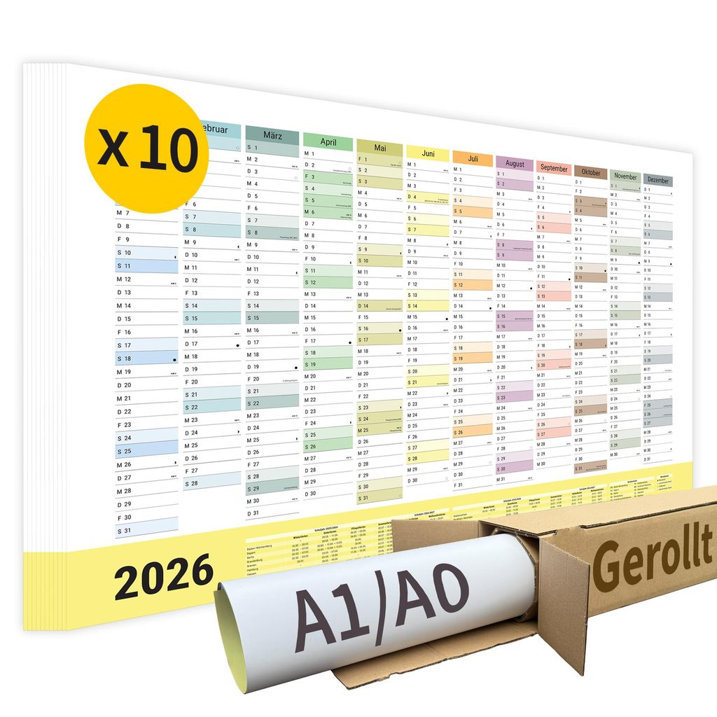 XXL Jahreskalender Wandkalender 2026 | DIN A0 | 10 Stück | Produktbild 