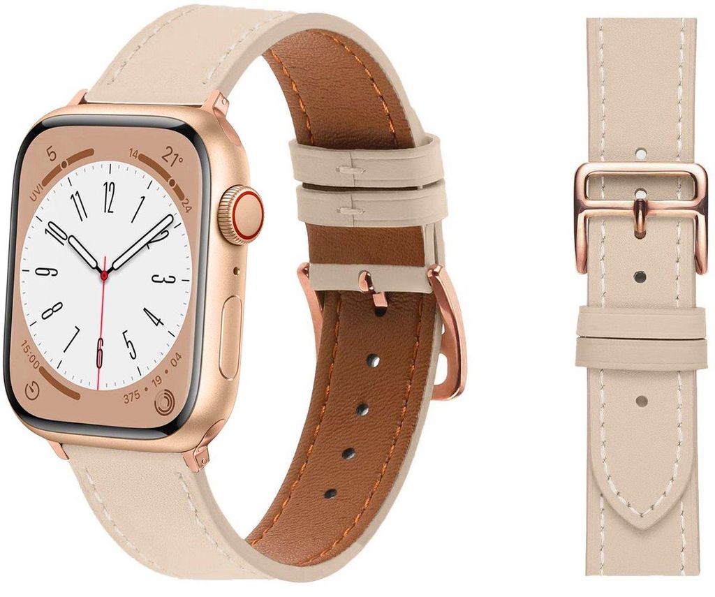 Stravo Slim Lederarmband Damen, dünn mit roségoldener Schließe, kompatibel mit Apple Watch 38–42 mm und SE/Serie 1–11, Beige