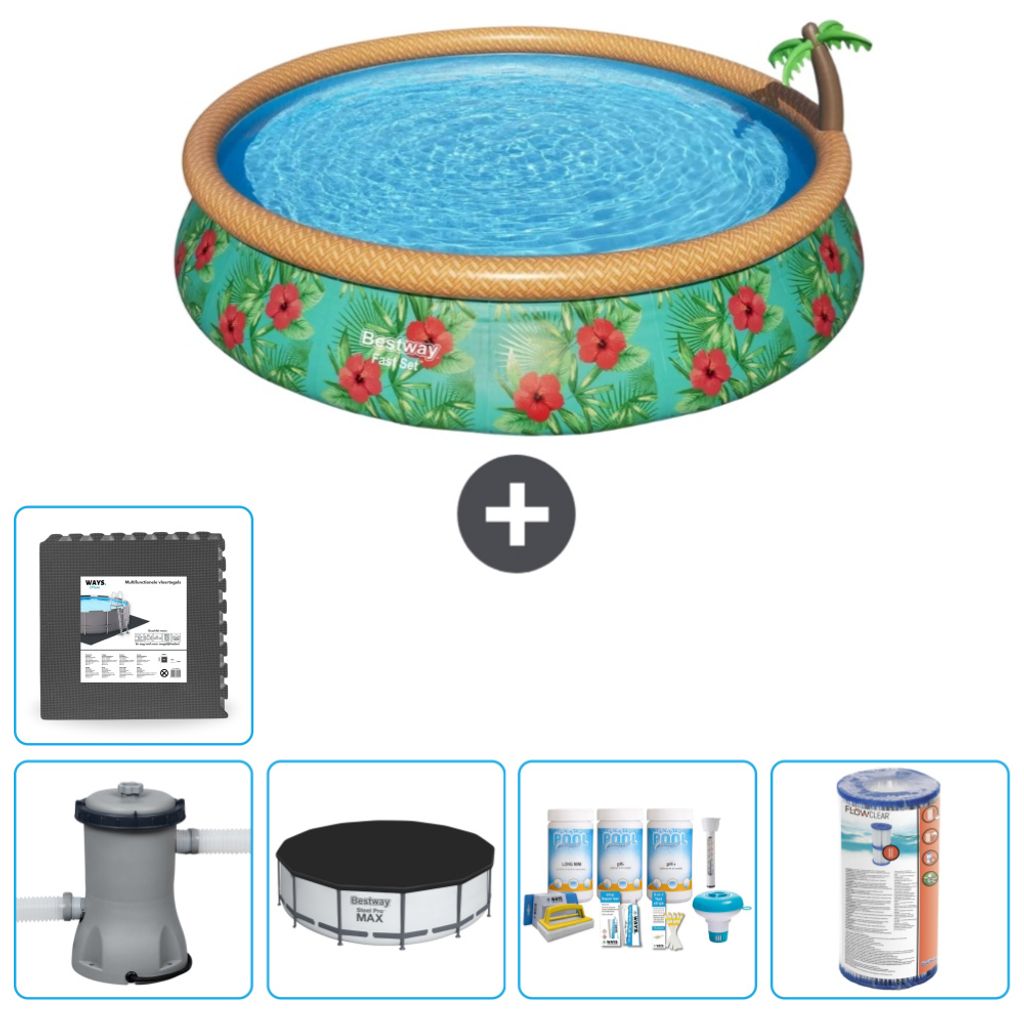 Bestway runder aufblasbarer Fast-Set-Schwimmpool – Paradise Print – 457 x 84 cm – inklusive Pumpe Abdeckung - Wartungspaket - Filter - Bodenf...
