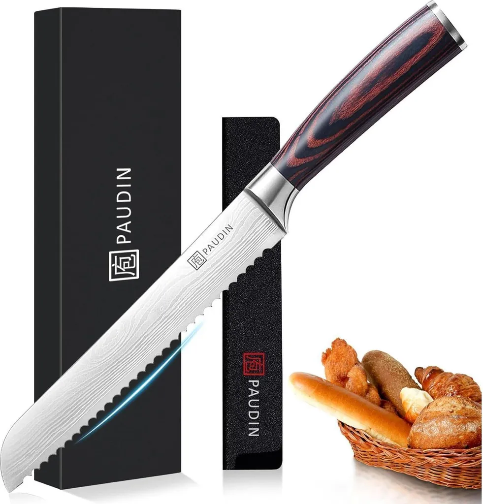 Coltello da pane professionale con manico in legno Coltello da cucina in acciaio inox da 20 cm con bordo seghettato Lama in acciaio inox extra affilata