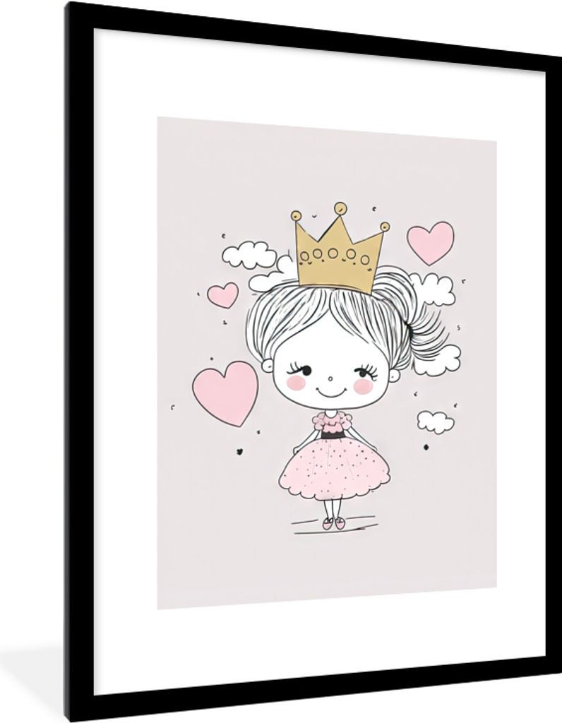 MuchoWow Gerahmtes Poster Prinzessin - Krone - Rosa - Mädchen - Pastell 60x80 cm - Poster mit Schwarzem Bilderrahmen Wandposter Rahmen Foto Bild...