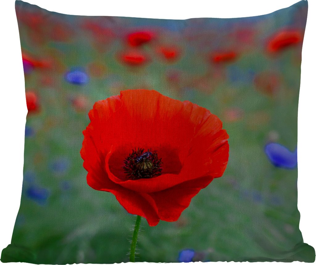 MuchoWow Outdoor Kissen - Lila und rote Mohnblumen auf einer Wiese - 45x45 cm - Wetterfest - Lounge Kissen - Fotokissen - Dekoratives Kissen