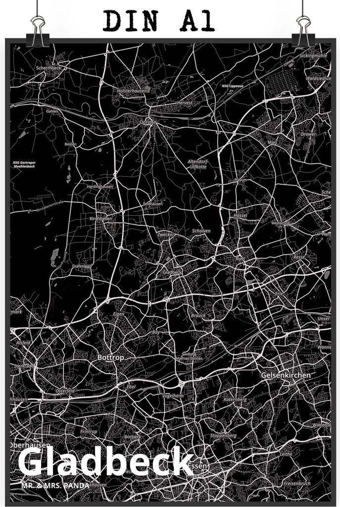 Mr. & Mrs. Panda Bild Gladbeck DIN A1 - Geschenk, drucke, wanddeko, Poster, Wandbild, Stadt Dorf Karte Landkarte Map Stadtplan, Posterdruck