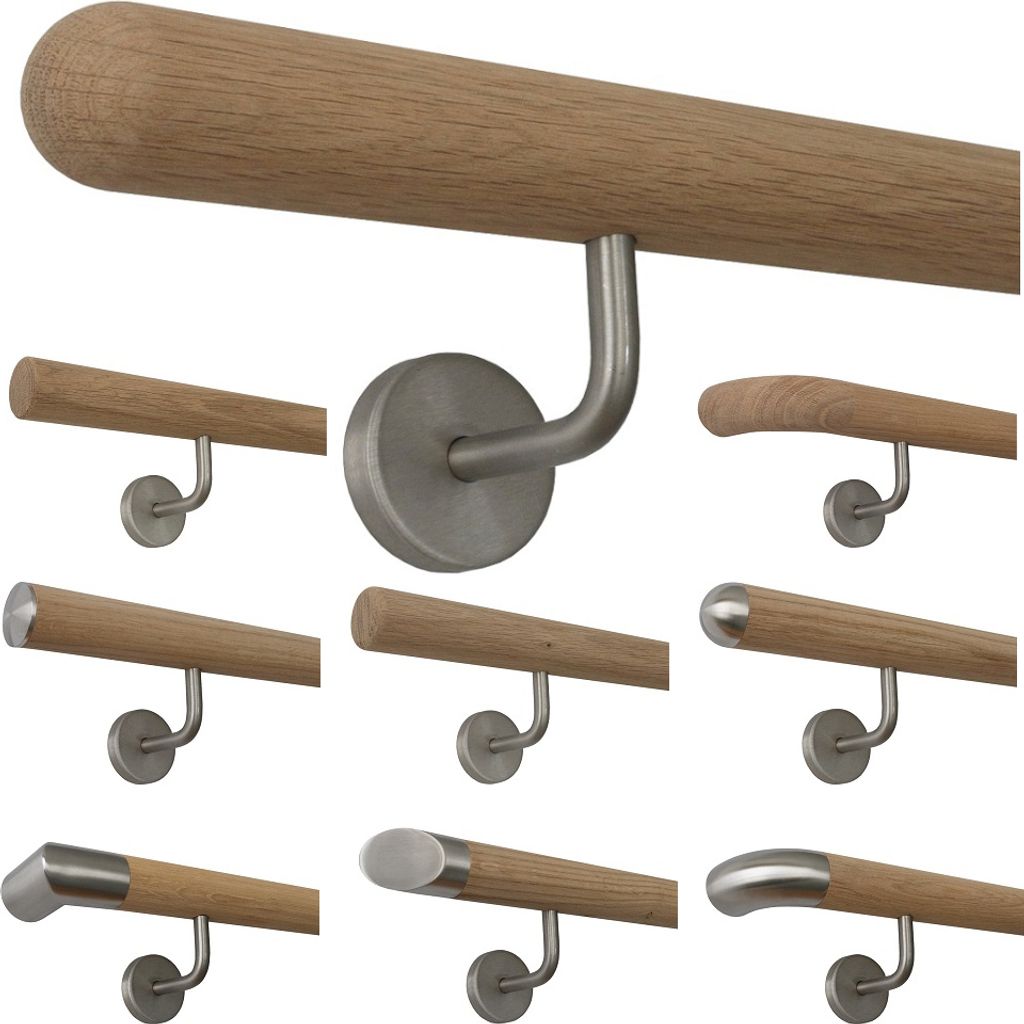 TIBU Eiche unbehandelt Holz Handlauf Geländer 0,3m - 5m, Länge 340 cm, Ende Halbkugel gefräst und 5 gewinkelte Halter