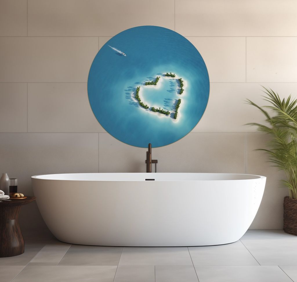 Wallario wasserfestes Poster selbstklebend 90 x 90 cm, Insel mit Herz, Badezimmerposter Spritzschutz mit Hochglanzoberfläche in Glasoptik