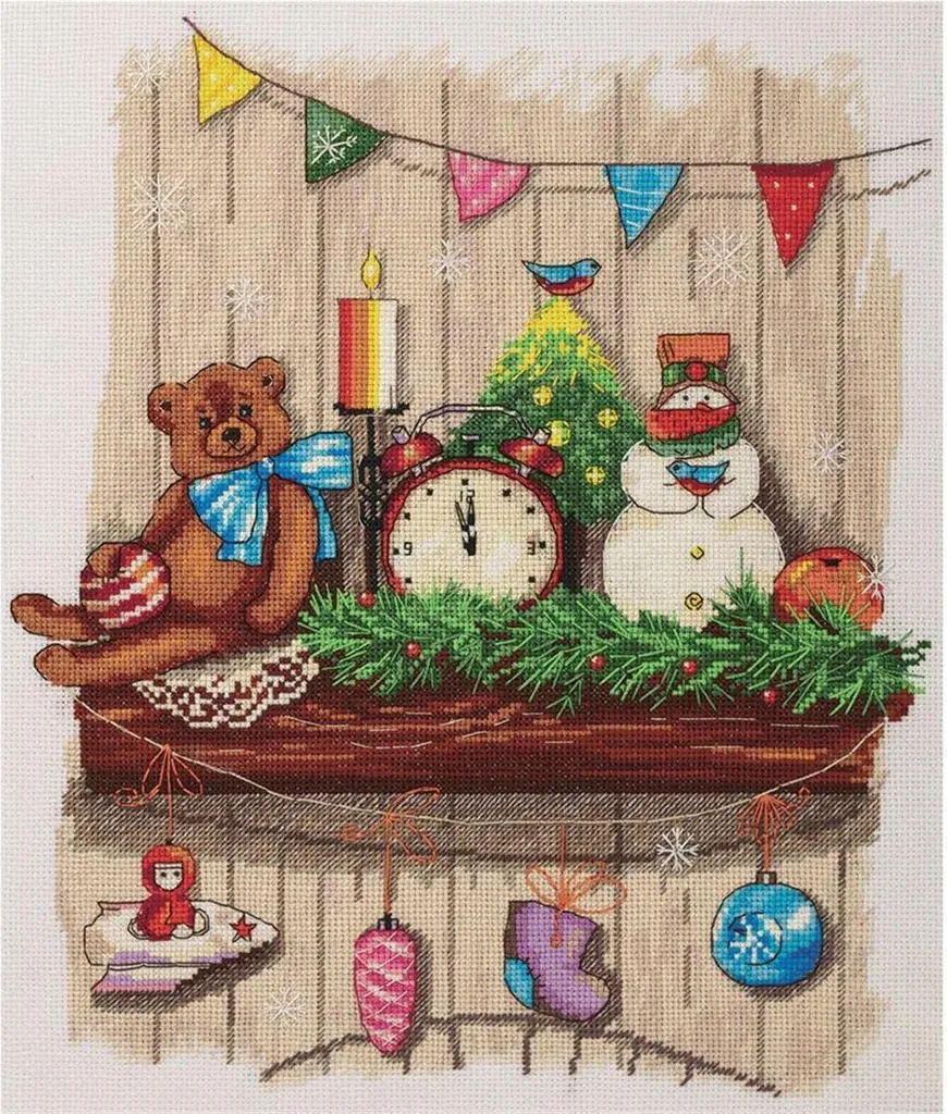 Broderie Point de Croix Compté Cheminée et Livres 28,5x33 cm