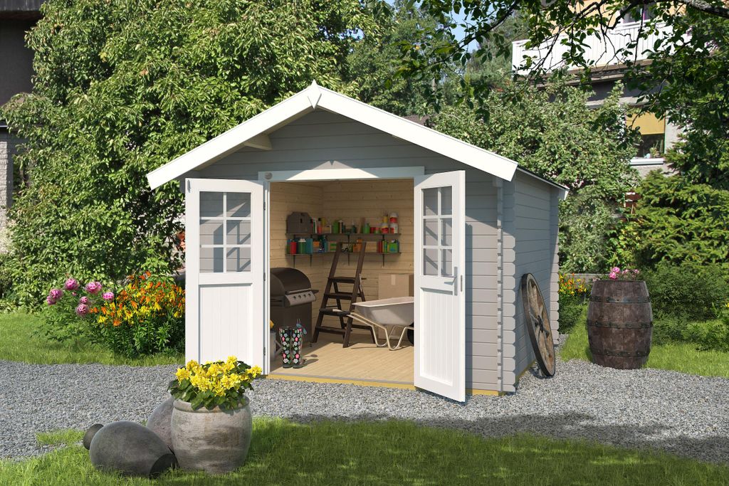 Gartenhaus Vaduz 209, 28 mm Wandstärke mit Doppeltür - B x T x H - 333.00 x 360.00 x 244 - Lichtgrau