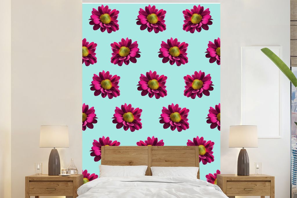 MuchoWow Fototapete für Wohnzimmer oder Schlafzimmer Wandtapete Vinyl Motivtapete Blumen - Lila - Muster - 195x300 cm - Das Hintergrundbild