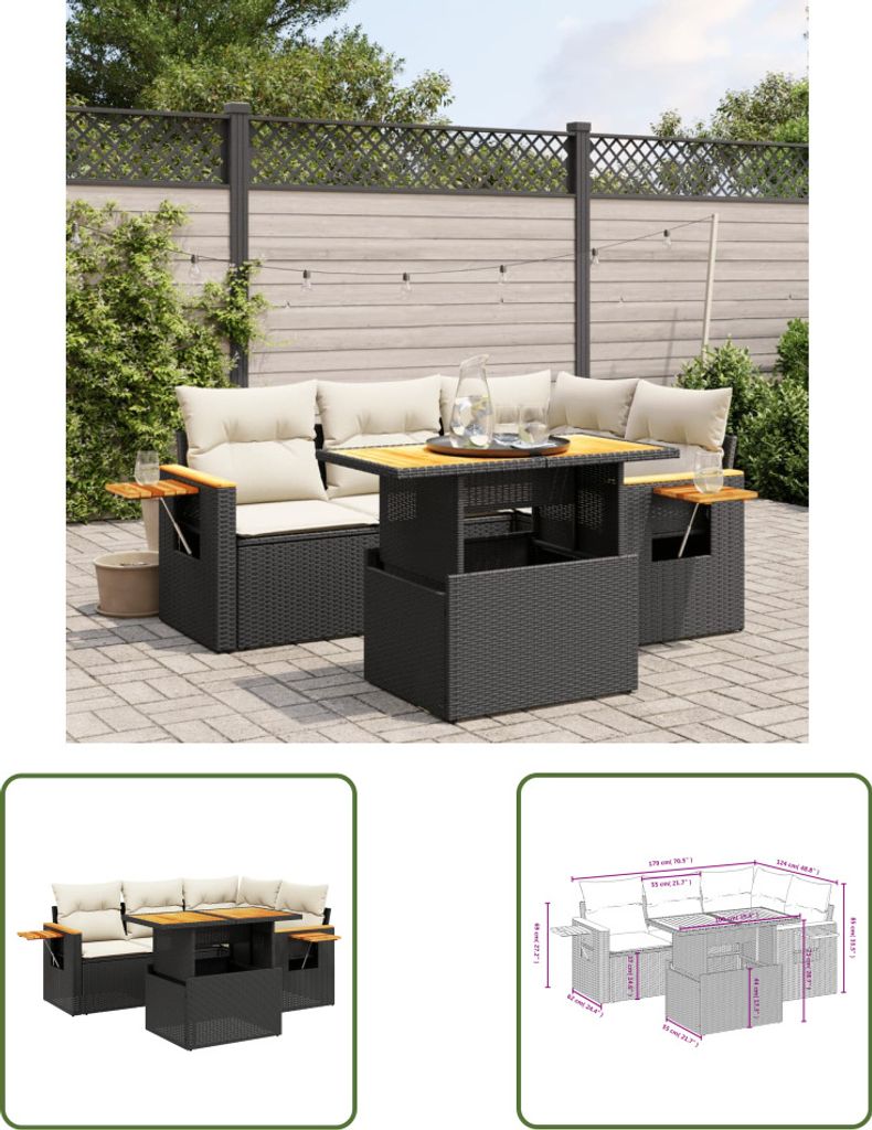 The Living Store 5-tlg. Garten-Sofagarnitur mit Kissen Schwarz Poly Rattan