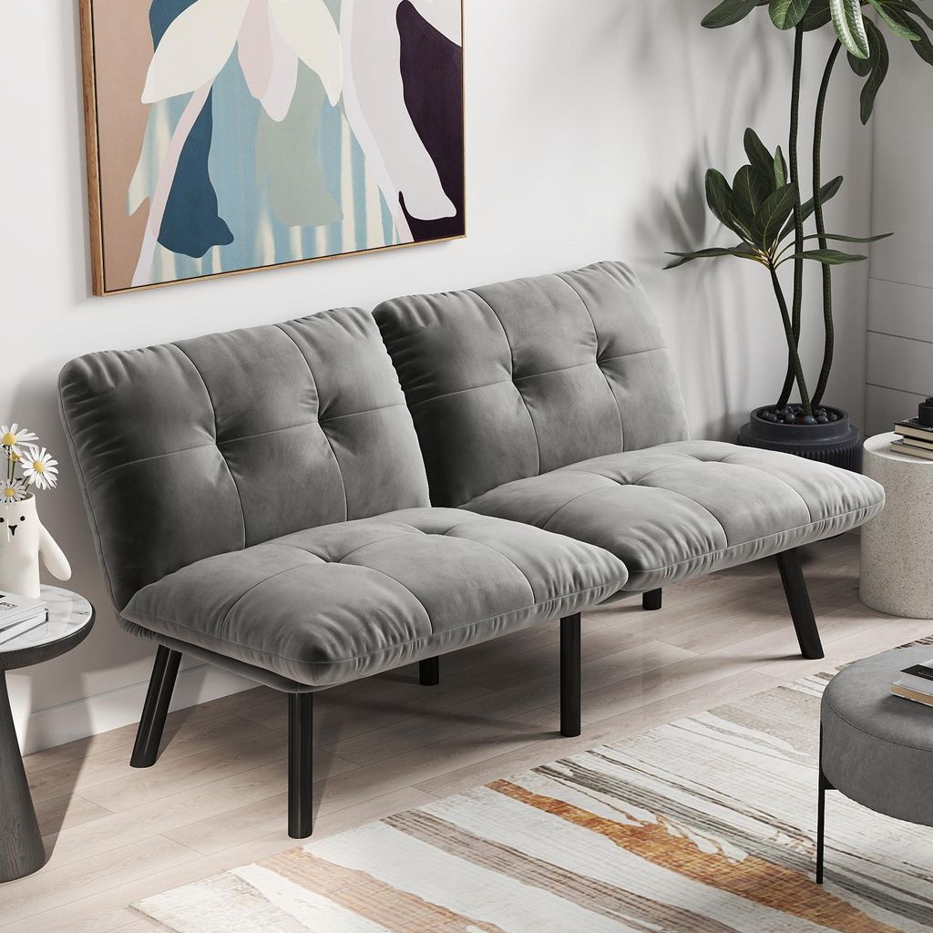 Graues, klappbares Modern-Sofa-Bett – 2-Sitzer Futon-Couch mit Schlaffunktion, platzsparendes Gästebett
