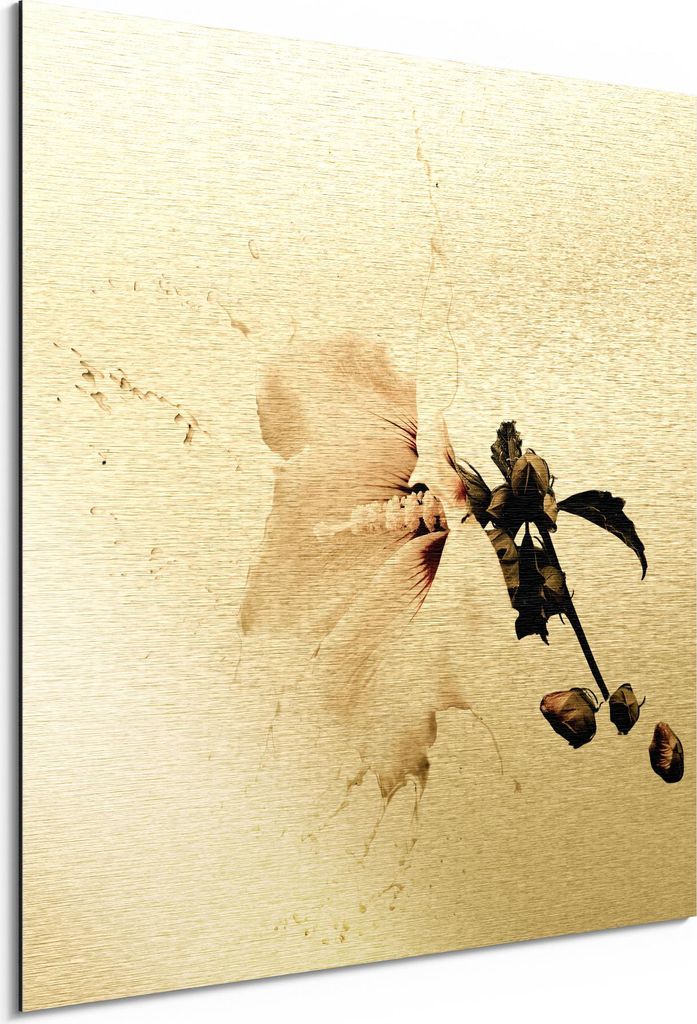 DEQORI Alu-Dibond Bild Gold 50x50 cm 'Milchige Blüte' Wandbild Metall dünn Design