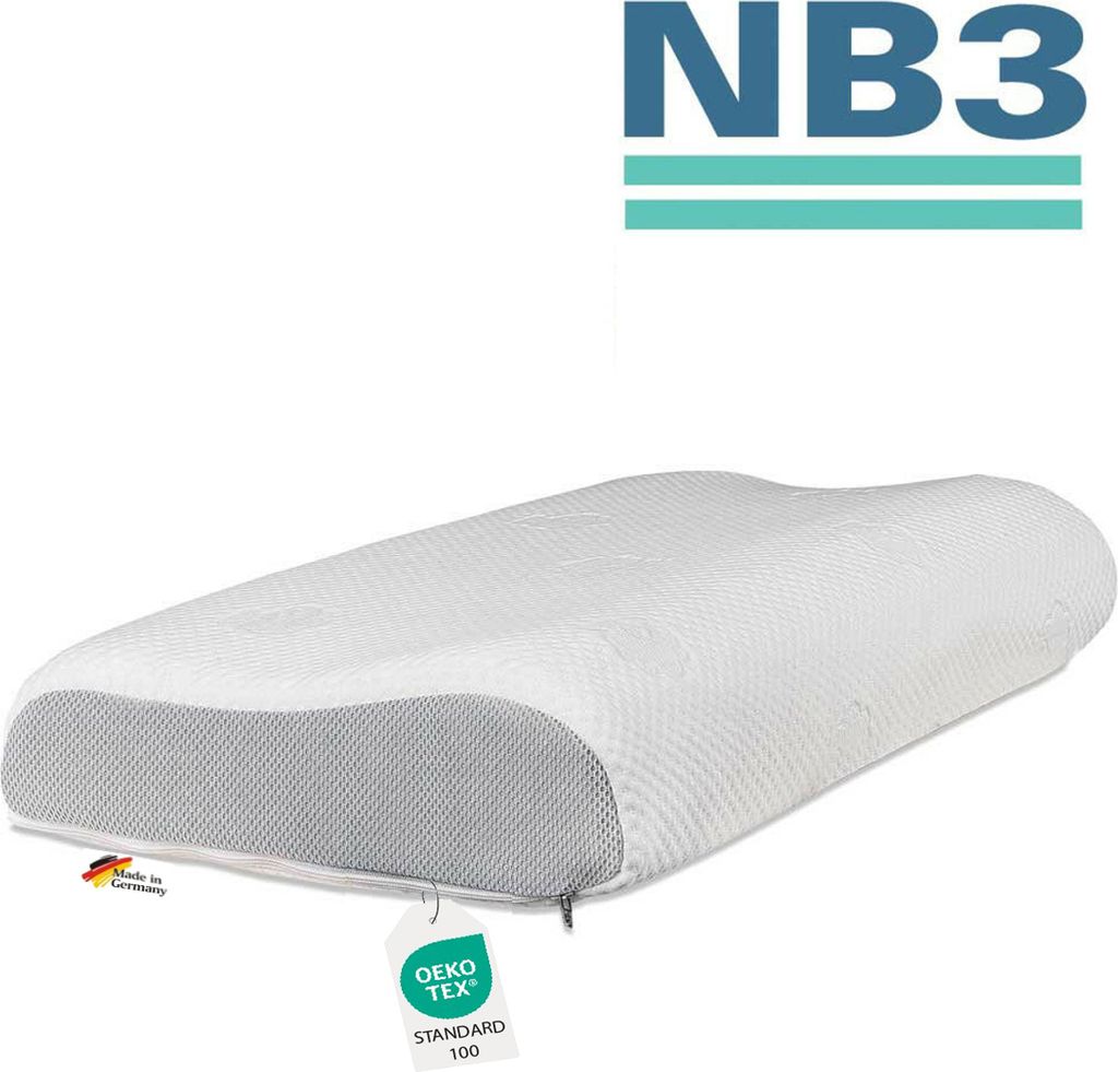 A white orthopedic pillow with a gray mesh section on a white background, with brand logo and certifications visible.