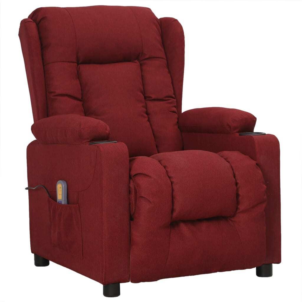 A burgundy recliner chair with massage function and a cup holder is shown against a white background.