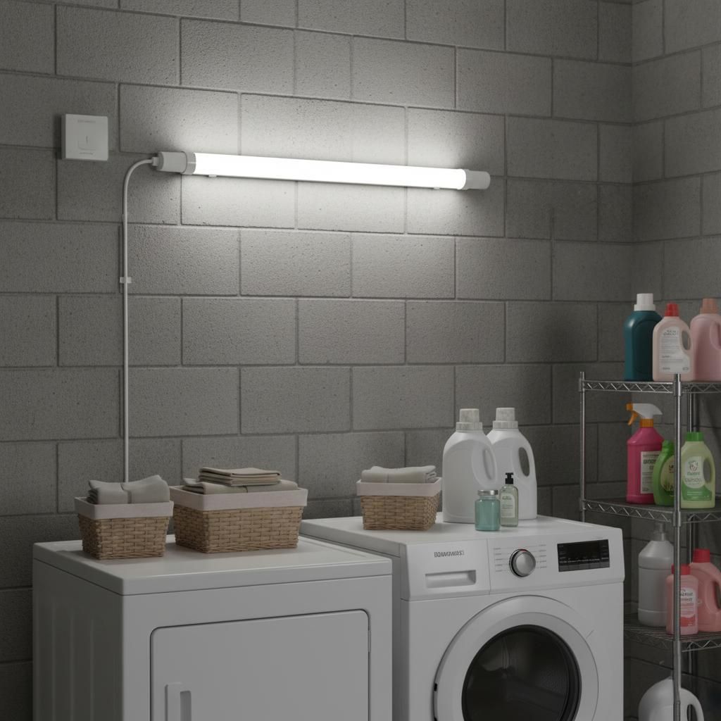 A laundry room with a washing machine, dryer, and cleaning supplies.