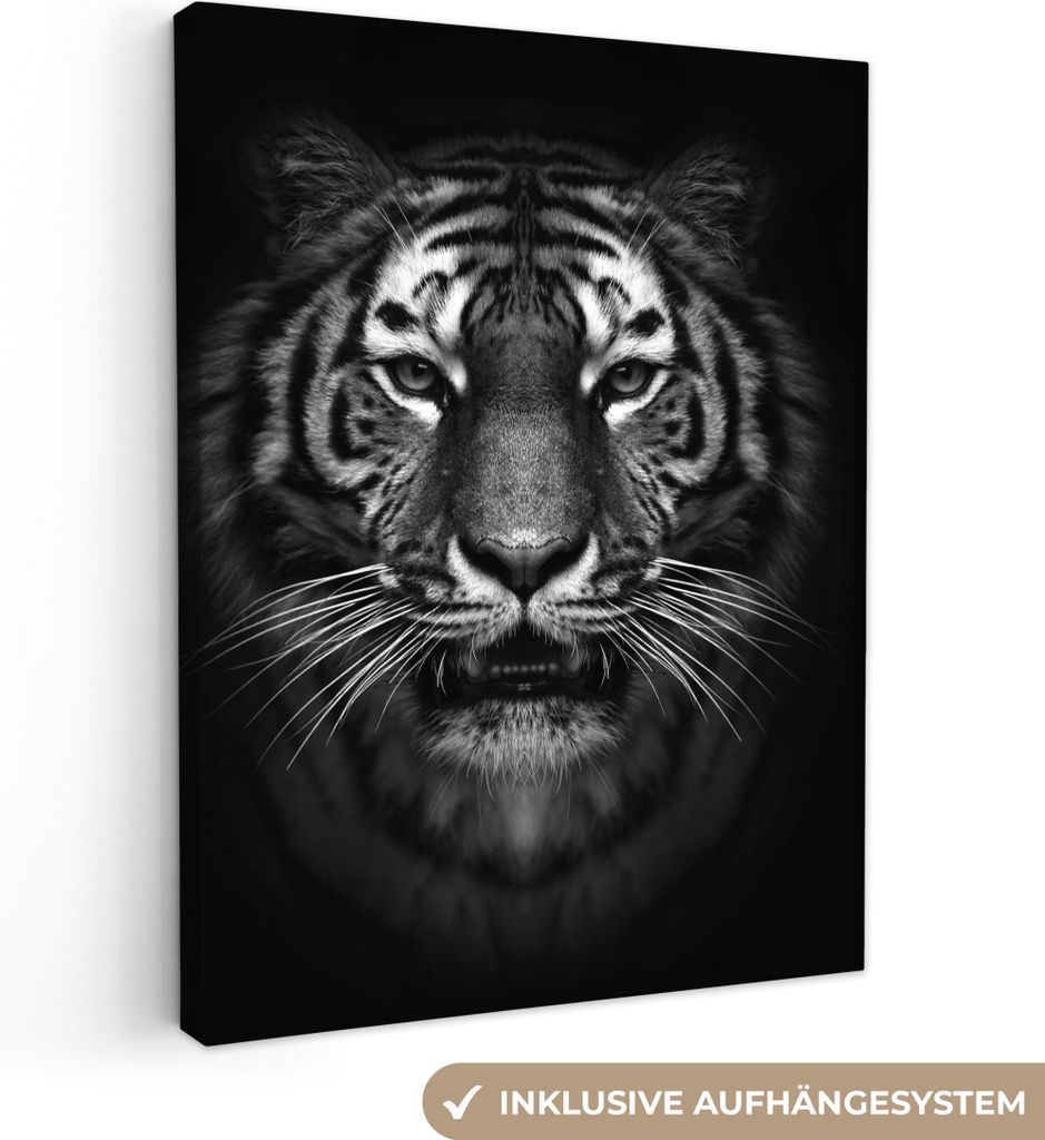 MuchoWow - Leinwandbilder - Tiger - Tiere - Schwarz - Weiß - Porträt - Wild, Wandbild, Wanddeko Bilder Wohnzimmer, 60x80 cm