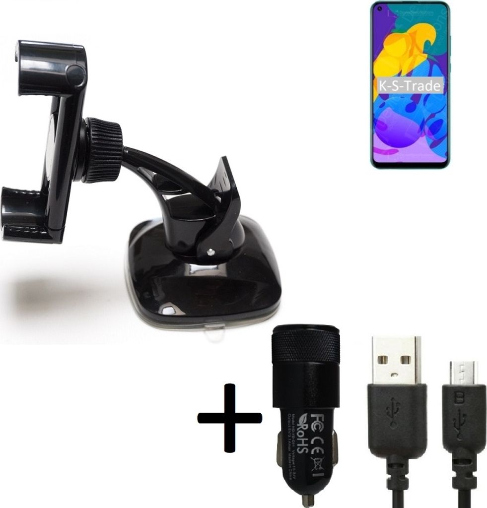 K-S-Trade Halterung kompatibel mit Huawei Honor Play 4T Windschutzscheibe / Armaturenbrett + LADEGERÄT mit Mico USB Kabel Autohalterung KFZ Halter