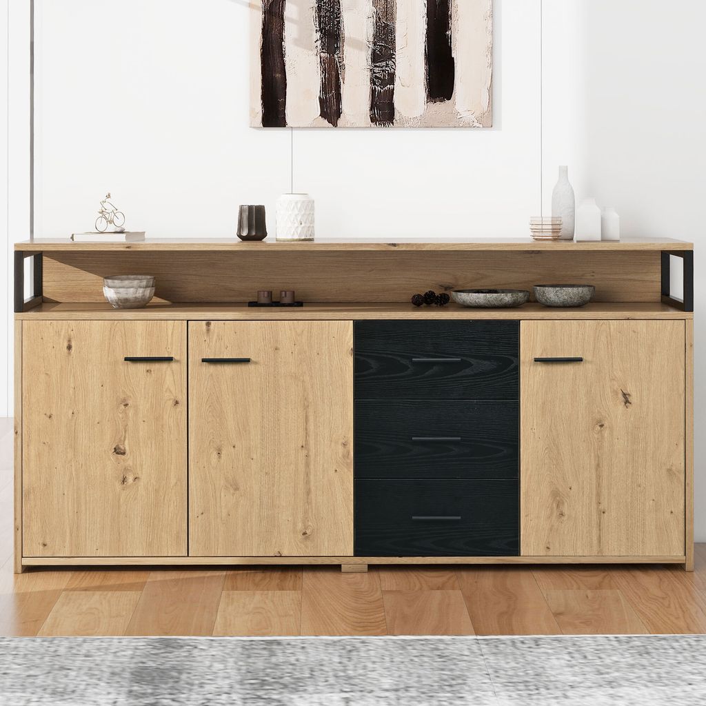 Fortuna Lai Sideboard, Kommode mit 3 Türen und 3 Schubladen, mit Metallgriffe, Buffetschrank, Geschirrschrank, Massivholz Spanplatte