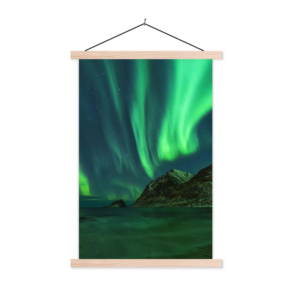 MuchoWow Textilposter Nordlichter - Sternenhimmel - Norwegen 120x180 cm mit holzfarbenen Rahmen - Textil-Plakat