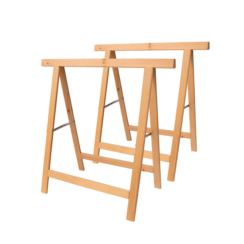 Two wooden sawhorses are shown against a white background.