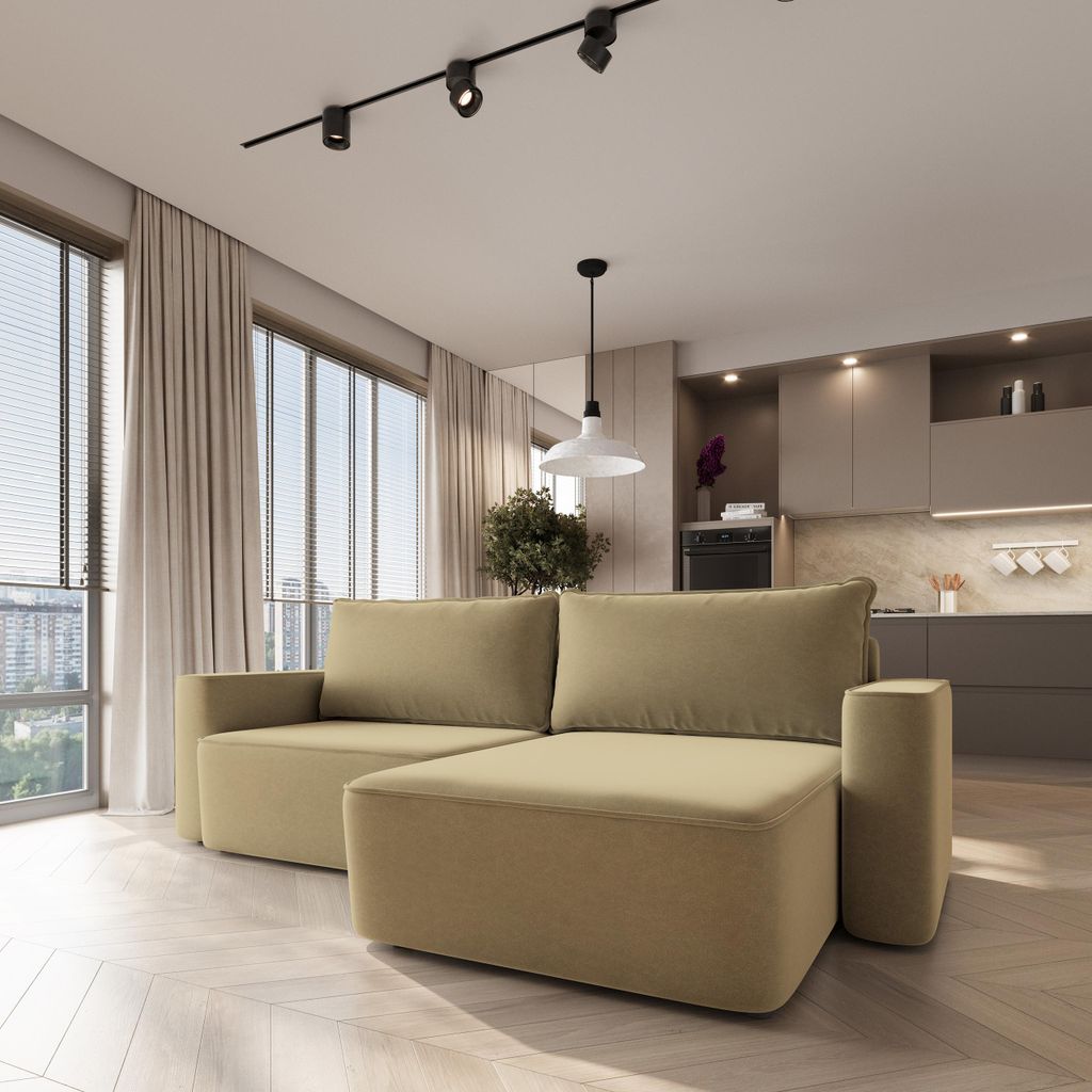 Masseno Ecksofa BELISE mit Schlaffunktion L-Form, Sofa mit Bettkasten, Wohnzimmersofa, Couch, Soffa, Bettsofa, Couchgarnitur- Gelb, CASTEL 48
