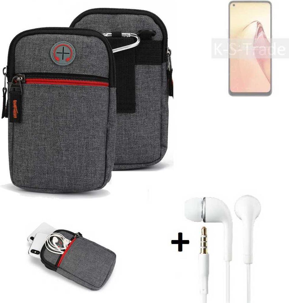 K-S-Trade Gürteltaasche + Kopfhörer kompatibel mit Oppo Reno8 Handy Tasche Holster Schutz Hülle Handy Hülle grau Zusatzfächer 1x