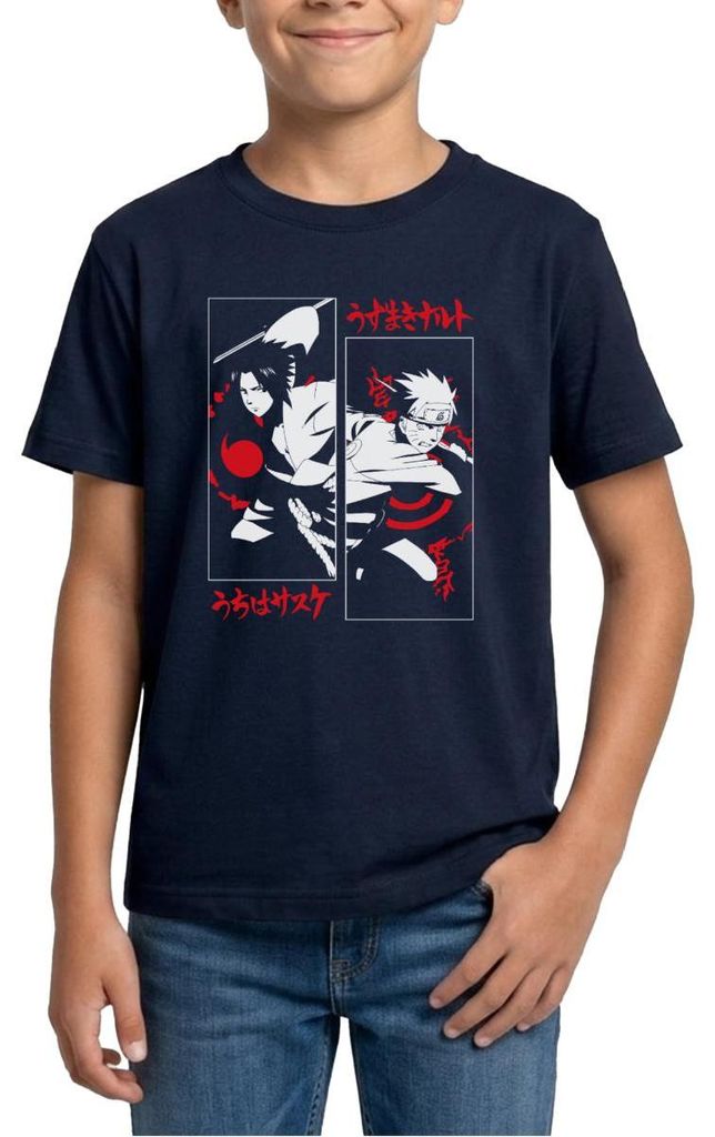 Spreadshirt Naruto Shippuden Cooles Design Mit Sasuke & Naruto Teenager T-Shirt, 134/146 (9-11 Jahre), Navy