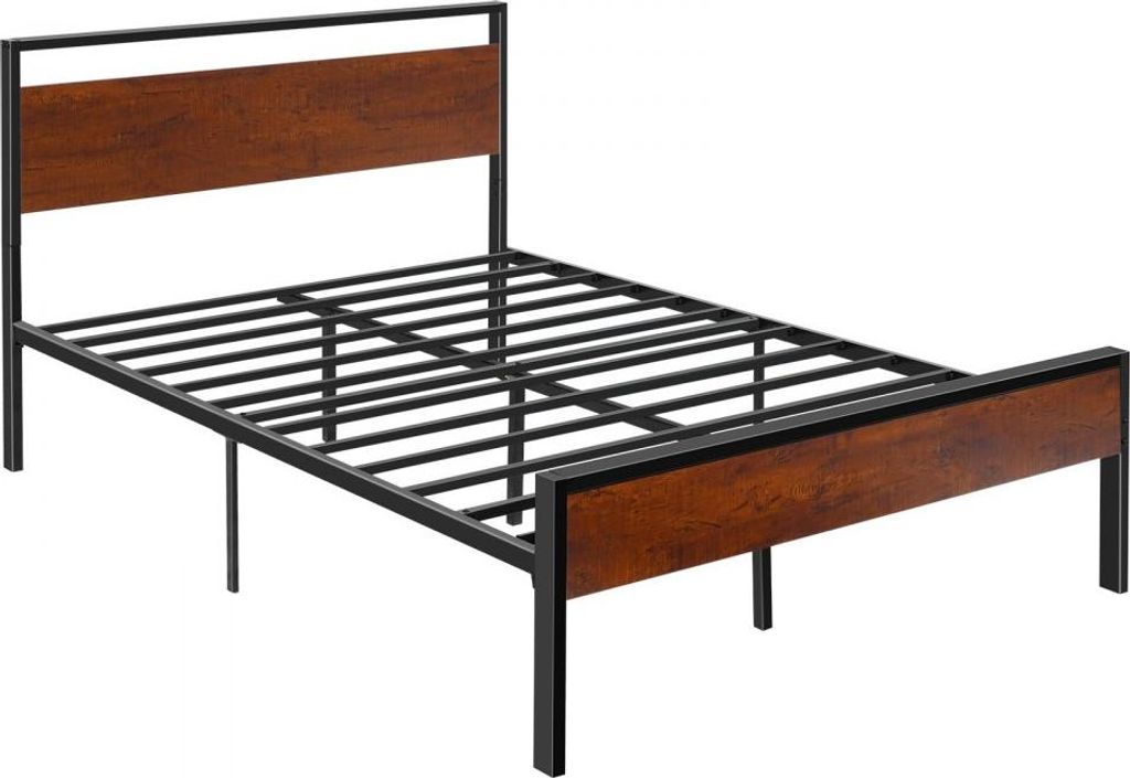 Vollmetall-Bettrahmen in voller Größe mit braunem Holzkopf- und Fußteil im Retro-Stil, großer Stauraum, rutschfest, kein Boxspring erforderlich...