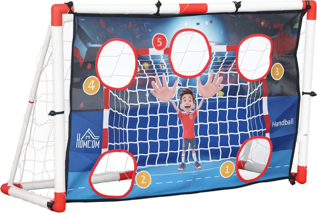 HOMCOM 2-in-1 Outdoor-Fußball- und Handballtor, 5 Zielzonen, aufblasbarer Handball, Pumpe, U-förmige Bodenanker, leichter Rahmen