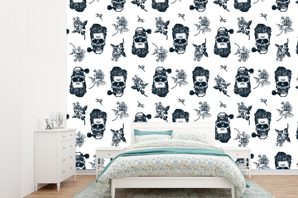 MuchoWow Fototapete für Wohnzimmer oder Schlafzimmer Wandtapete Vinyl Motivtapete Muster - Totenkopf - Rosen - Piraten - Jungen - Kinder - Kinde...