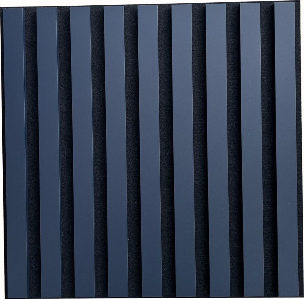 A close-up view of dark blue acoustic panels with a textured black background.